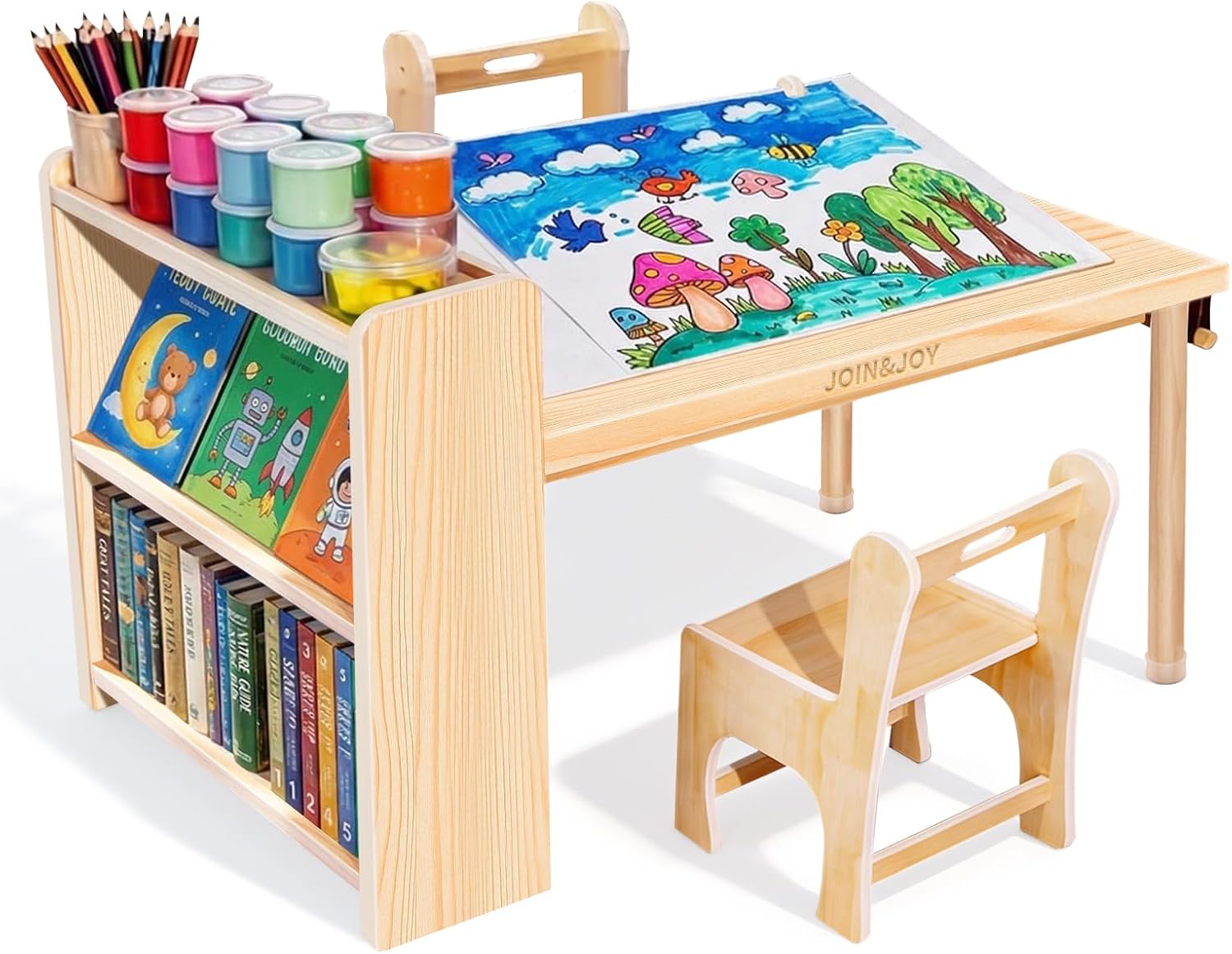 Art Craft Toddlers - Houten kinderkunsttafel met 2 stoelen, opbergplanken
